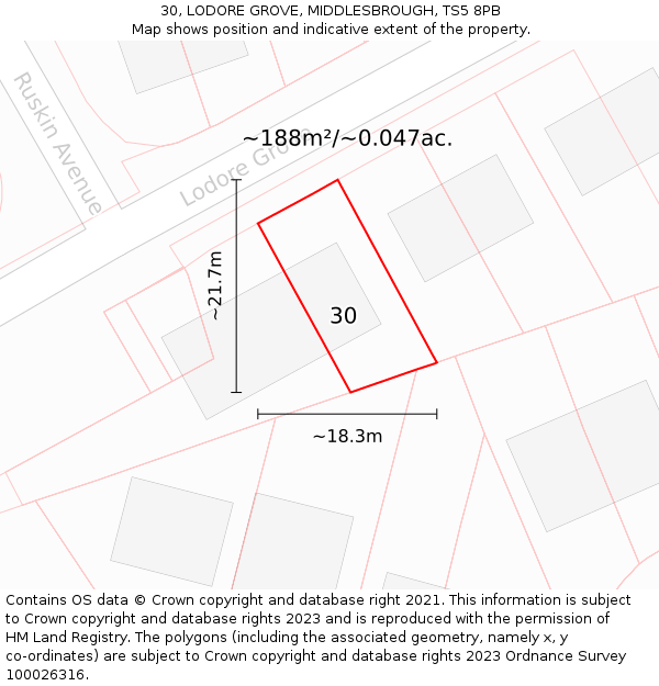 30, LODORE GROVE, MIDDLESBROUGH, TS5 8PB: Plot and title map