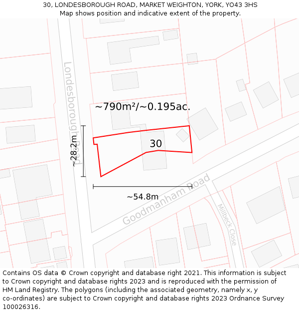30, LONDESBOROUGH ROAD, MARKET WEIGHTON, YORK, YO43 3HS: Plot and title map