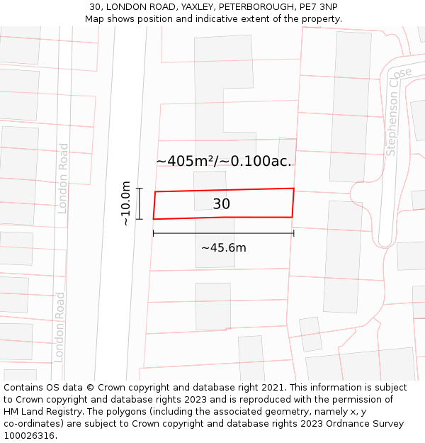 30, LONDON ROAD, YAXLEY, PETERBOROUGH, PE7 3NP: Plot and title map