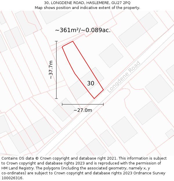 30, LONGDENE ROAD, HASLEMERE, GU27 2PQ: Plot and title map