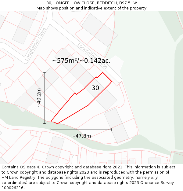 30, LONGFELLOW CLOSE, REDDITCH, B97 5HW: Plot and title map