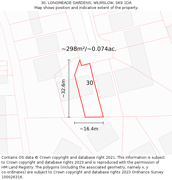 30, LONGMEADE GARDENS, WILMSLOW, SK9 1DA: Plot and title map