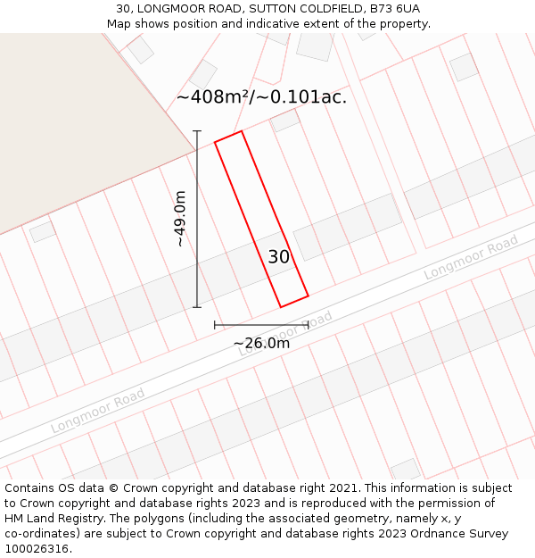 30, LONGMOOR ROAD, SUTTON COLDFIELD, B73 6UA: Plot and title map