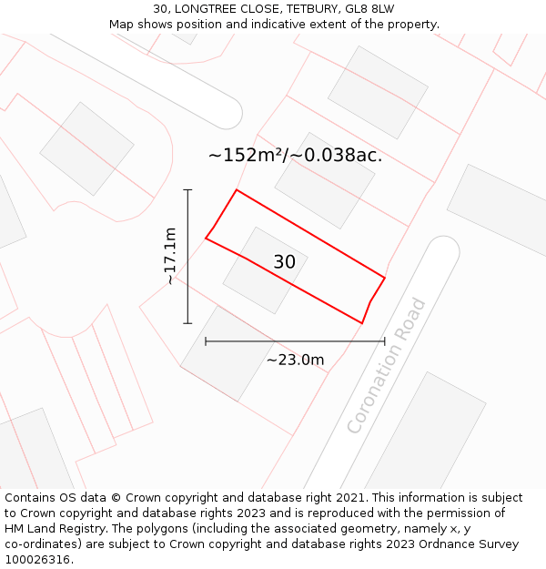 30, LONGTREE CLOSE, TETBURY, GL8 8LW: Plot and title map