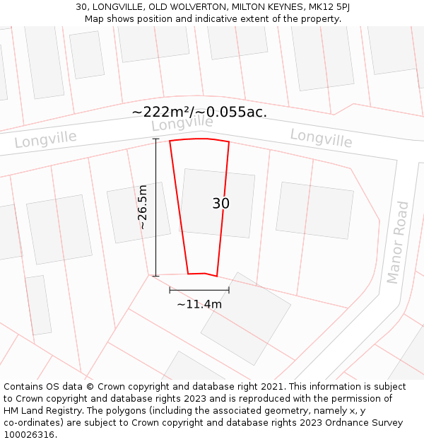 30, LONGVILLE, OLD WOLVERTON, MILTON KEYNES, MK12 5PJ: Plot and title map