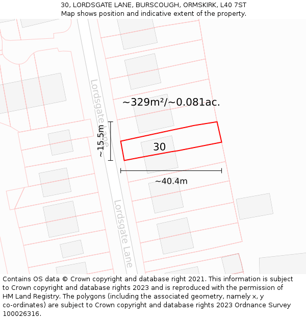 30, LORDSGATE LANE, BURSCOUGH, ORMSKIRK, L40 7ST: Plot and title map