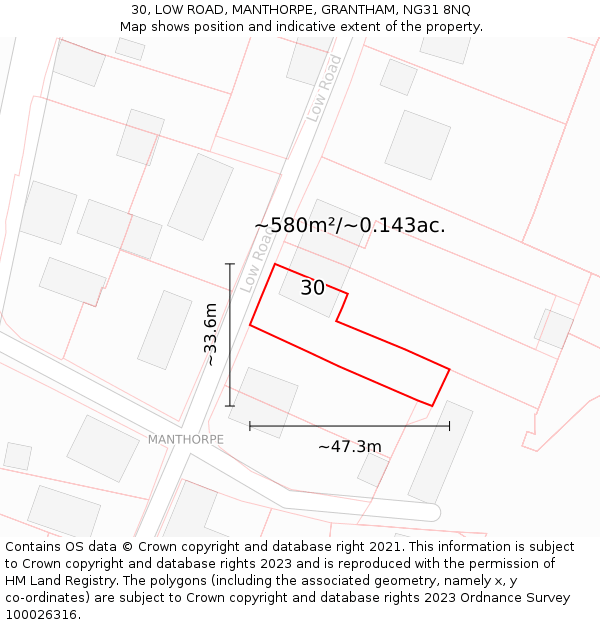 30, LOW ROAD, MANTHORPE, GRANTHAM, NG31 8NQ: Plot and title map
