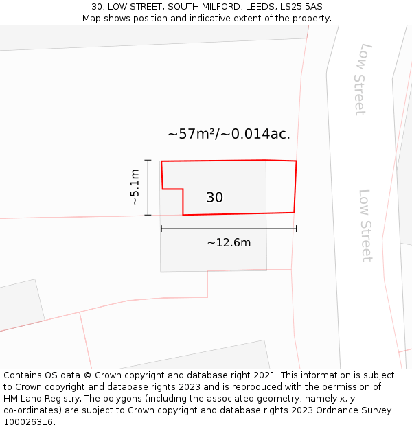 30, LOW STREET, SOUTH MILFORD, LEEDS, LS25 5AS: Plot and title map