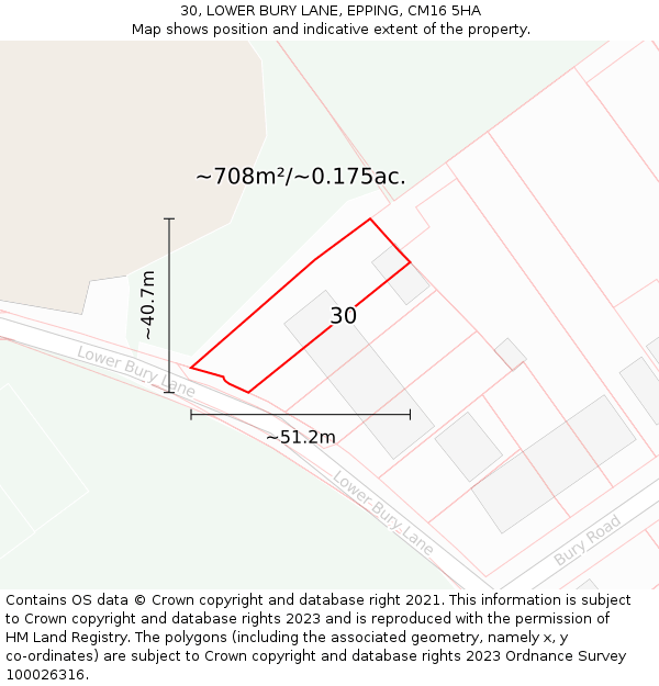30, LOWER BURY LANE, EPPING, CM16 5HA: Plot and title map