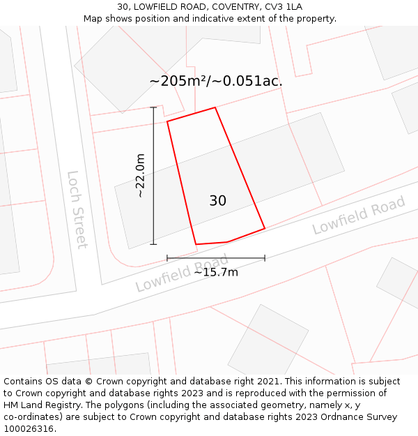 30, LOWFIELD ROAD, COVENTRY, CV3 1LA: Plot and title map
