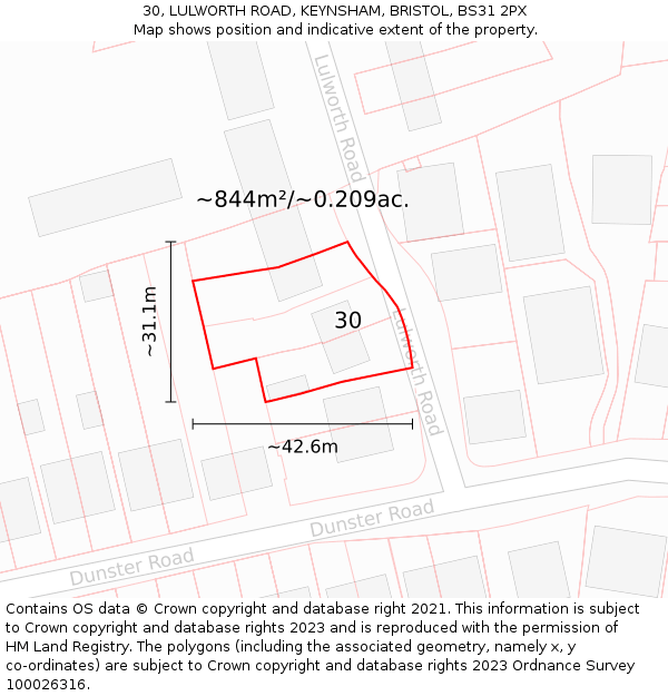 30, LULWORTH ROAD, KEYNSHAM, BRISTOL, BS31 2PX: Plot and title map