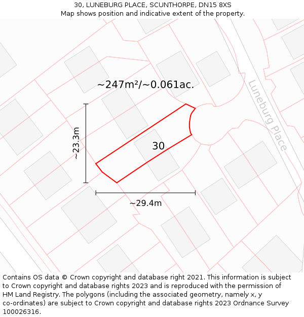 30, LUNEBURG PLACE, SCUNTHORPE, DN15 8XS: Plot and title map