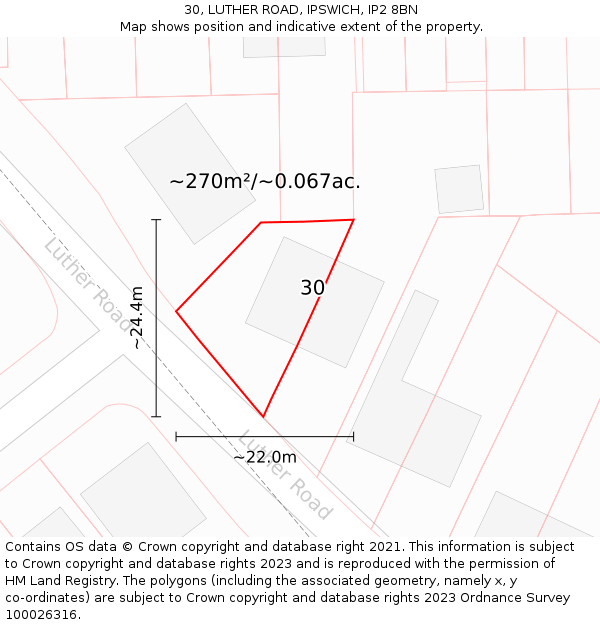 30, LUTHER ROAD, IPSWICH, IP2 8BN: Plot and title map