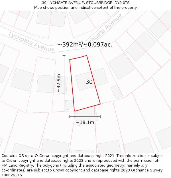30, LYCHGATE AVENUE, STOURBRIDGE, DY9 0TS: Plot and title map