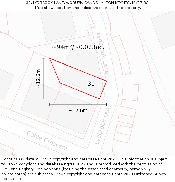 30, LYDBROOK LANE, WOBURN SANDS, MILTON KEYNES, MK17 8GJ: Plot and title map