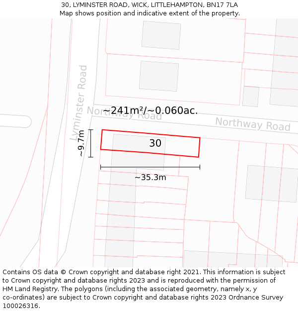 30, LYMINSTER ROAD, WICK, LITTLEHAMPTON, BN17 7LA: Plot and title map