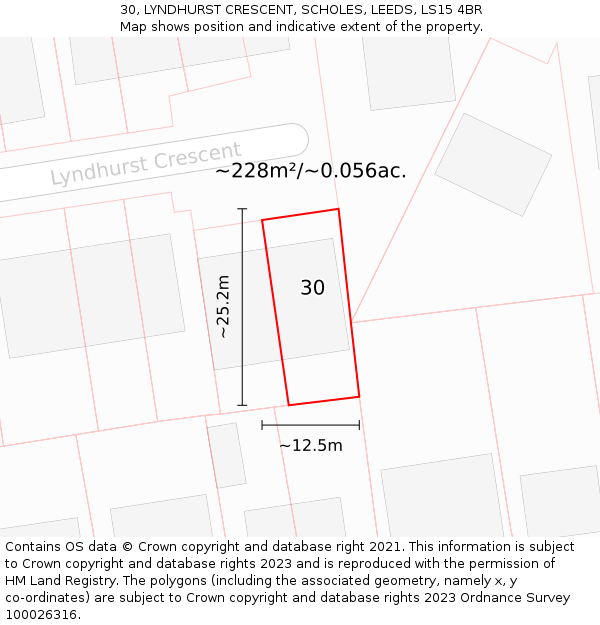 30, LYNDHURST CRESCENT, SCHOLES, LEEDS, LS15 4BR: Plot and title map