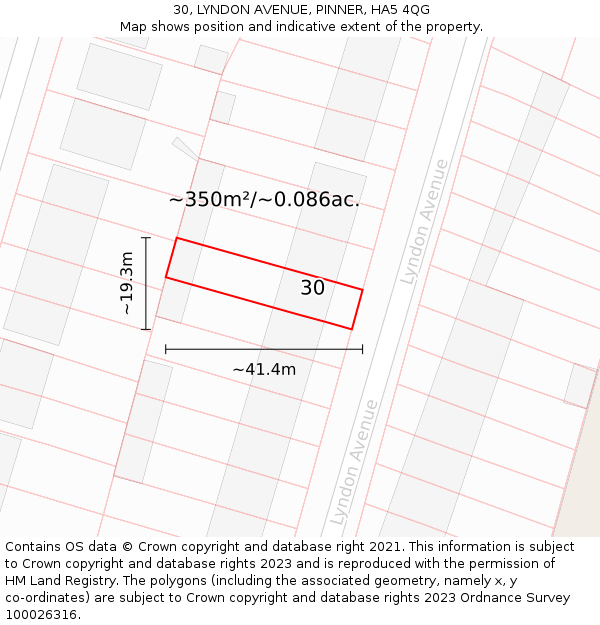 30, LYNDON AVENUE, PINNER, HA5 4QG: Plot and title map