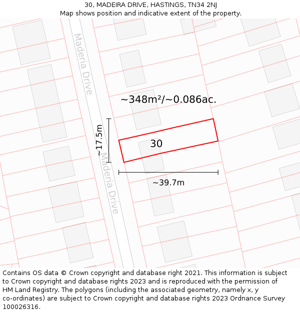 30, MADEIRA DRIVE, HASTINGS, TN34 2NJ: Plot and title map