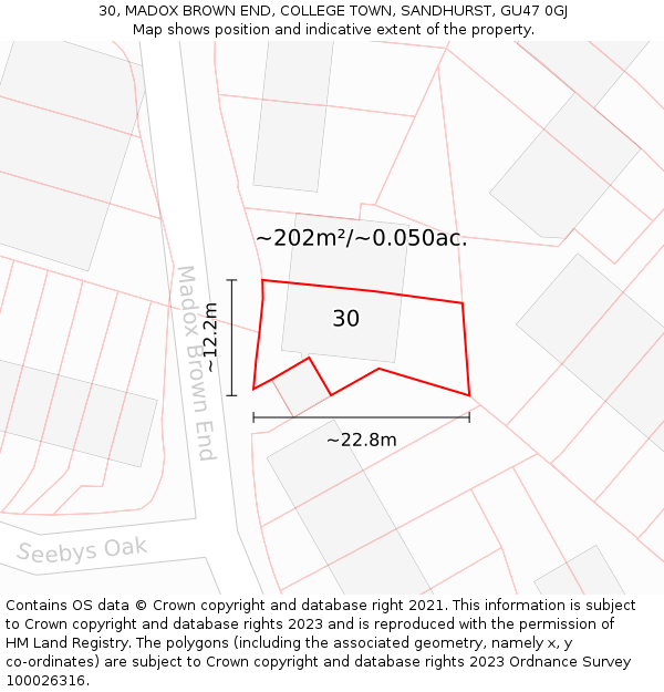 30, MADOX BROWN END, COLLEGE TOWN, SANDHURST, GU47 0GJ: Plot and title map