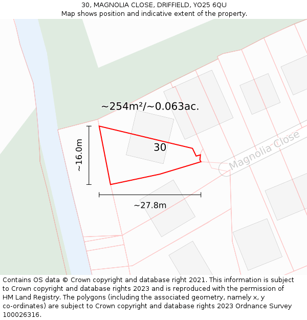 30, MAGNOLIA CLOSE, DRIFFIELD, YO25 6QU: Plot and title map