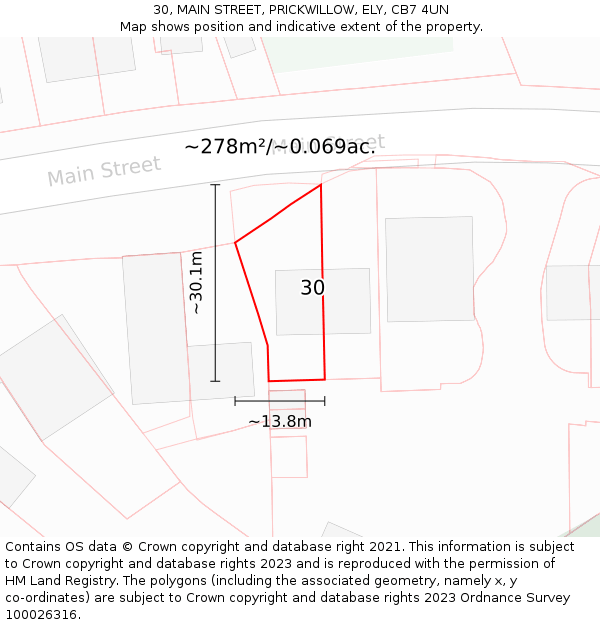 30, MAIN STREET, PRICKWILLOW, ELY, CB7 4UN: Plot and title map