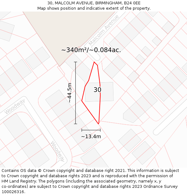30, MALCOLM AVENUE, BIRMINGHAM, B24 0EE: Plot and title map