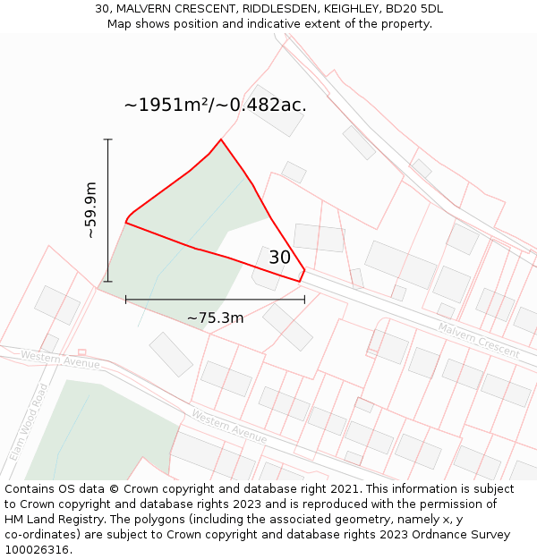 30, MALVERN CRESCENT, RIDDLESDEN, KEIGHLEY, BD20 5DL: Plot and title map