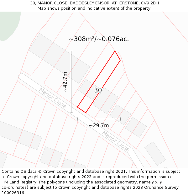 30, MANOR CLOSE, BADDESLEY ENSOR, ATHERSTONE, CV9 2BH: Plot and title map
