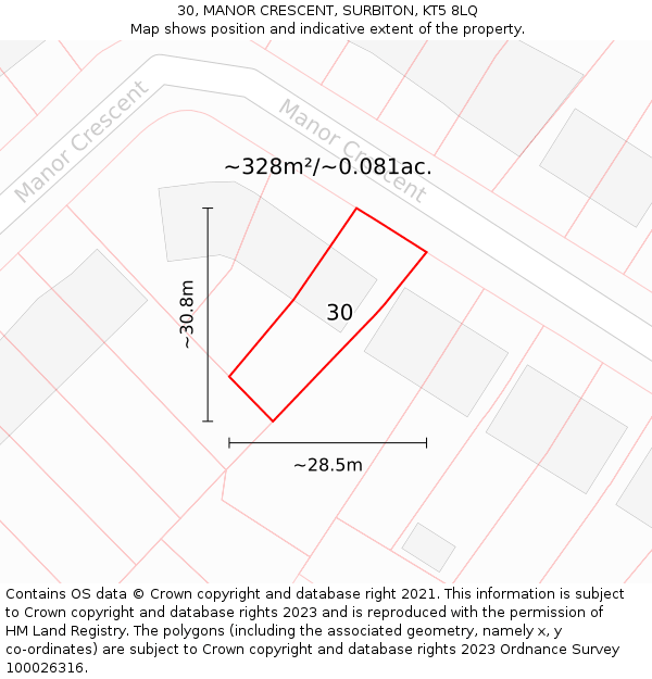 30, MANOR CRESCENT, SURBITON, KT5 8LQ: Plot and title map