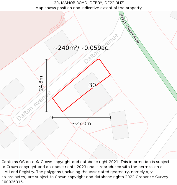 30, MANOR ROAD, DERBY, DE22 3HZ: Plot and title map