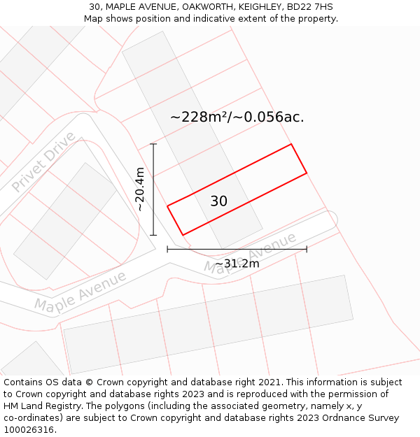 30, MAPLE AVENUE, OAKWORTH, KEIGHLEY, BD22 7HS: Plot and title map