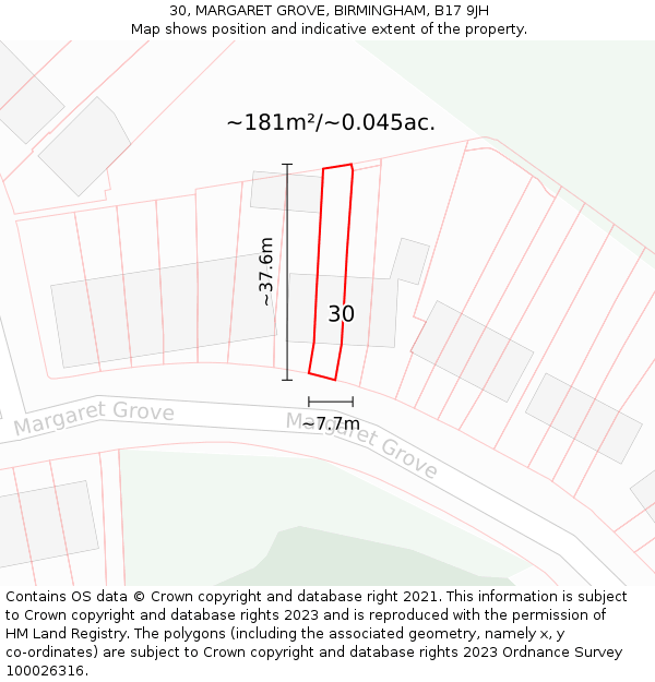 30, MARGARET GROVE, BIRMINGHAM, B17 9JH: Plot and title map