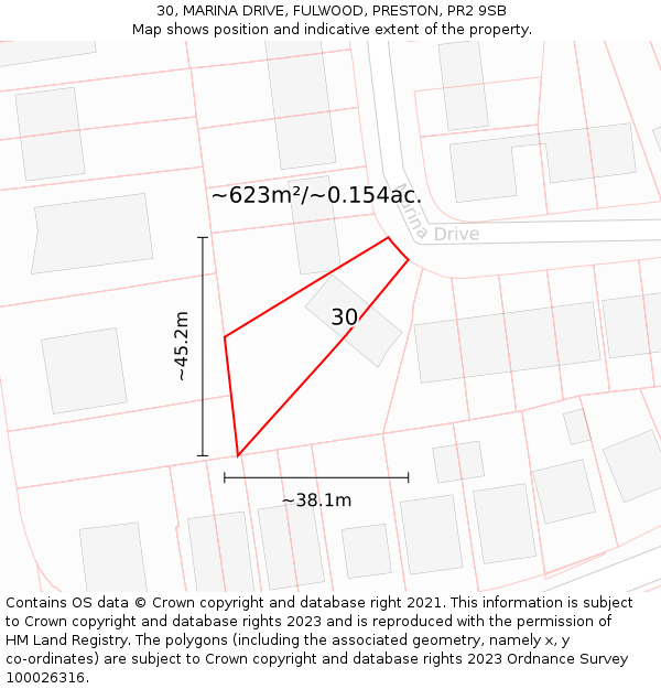 30, MARINA DRIVE, FULWOOD, PRESTON, PR2 9SB: Plot and title map