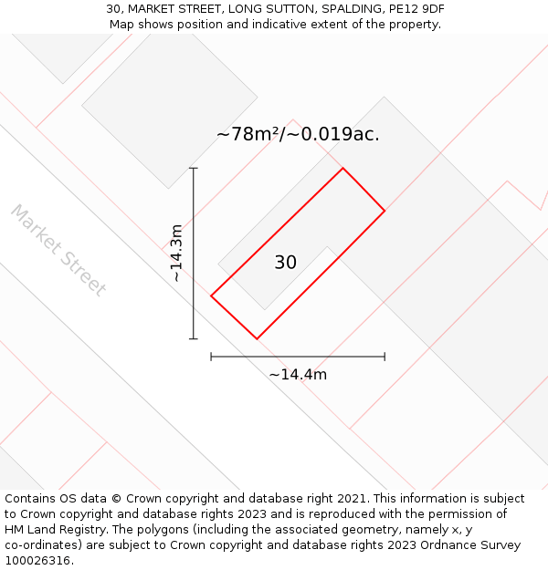 30, MARKET STREET, LONG SUTTON, SPALDING, PE12 9DF: Plot and title map