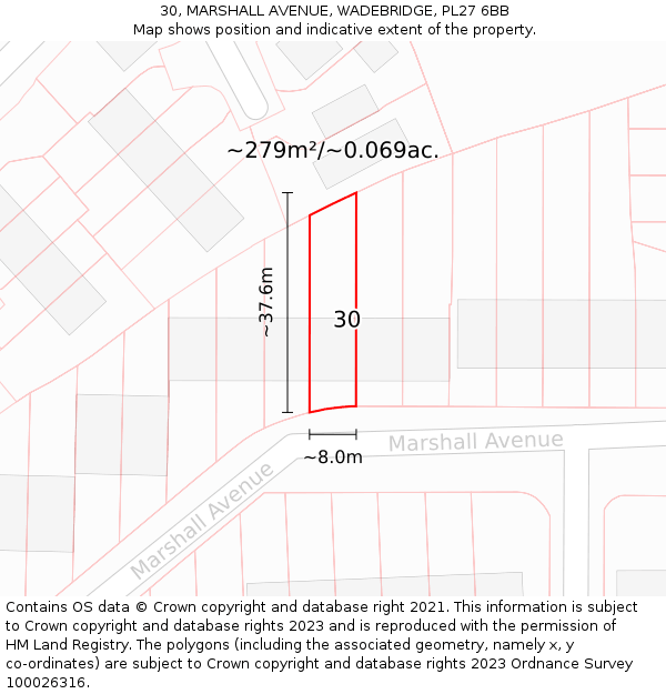 30, MARSHALL AVENUE, WADEBRIDGE, PL27 6BB: Plot and title map
