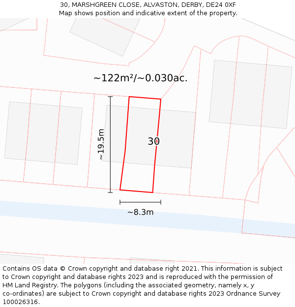 30, MARSHGREEN CLOSE, ALVASTON, DERBY, DE24 0XF: Plot and title map
