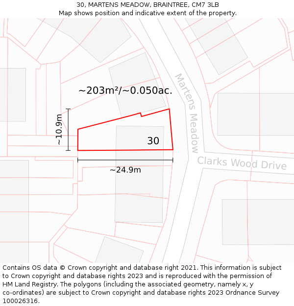 30, MARTENS MEADOW, BRAINTREE, CM7 3LB: Plot and title map