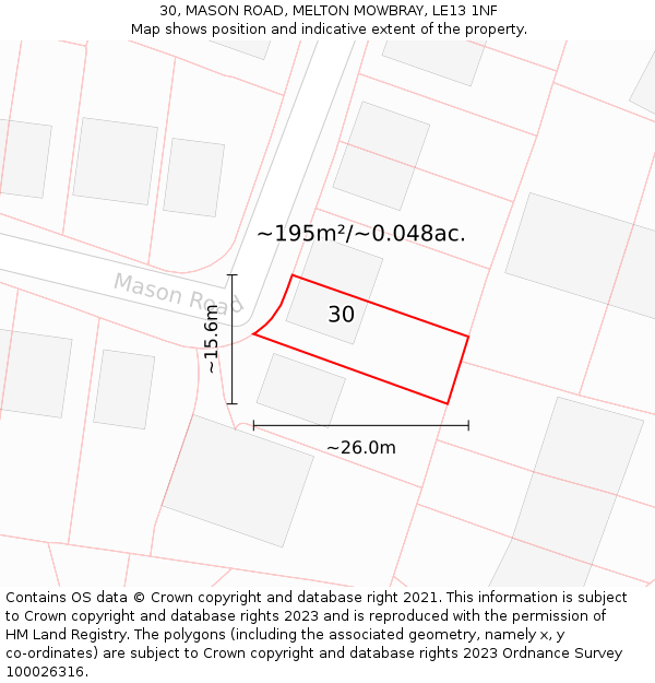 30, MASON ROAD, MELTON MOWBRAY, LE13 1NF: Plot and title map