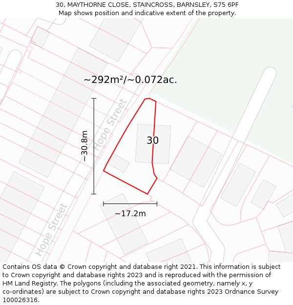 30, MAYTHORNE CLOSE, STAINCROSS, BARNSLEY, S75 6PF: Plot and title map