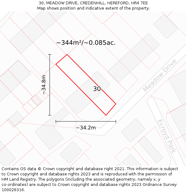 30, MEADOW DRIVE, CREDENHILL, HEREFORD, HR4 7EE: Plot and title map
