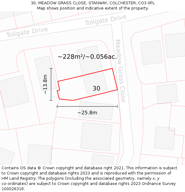 30, MEADOW GRASS CLOSE, STANWAY, COLCHESTER, CO3 0PL: Plot and title map