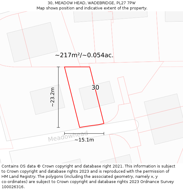 30, MEADOW HEAD, WADEBRIDGE, PL27 7PW: Plot and title map