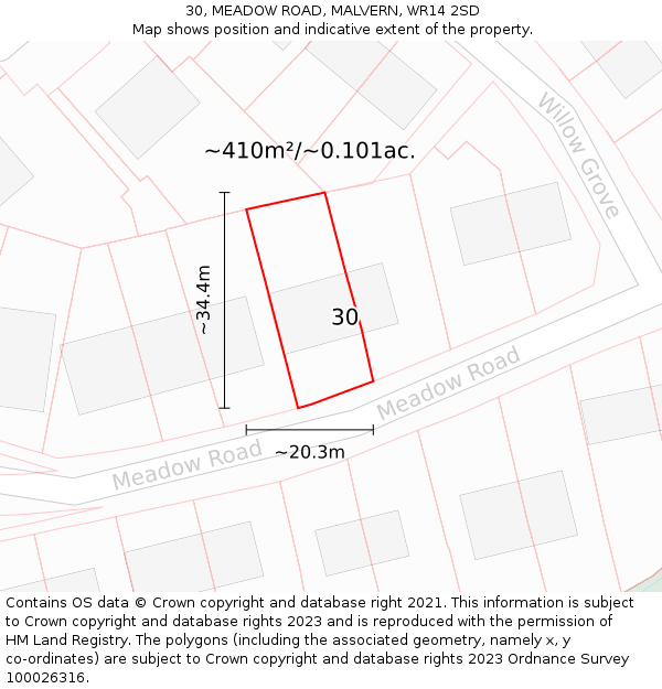 30, MEADOW ROAD, MALVERN, WR14 2SD: Plot and title map