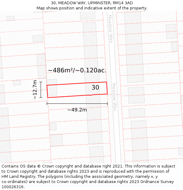 30, MEADOW WAY, UPMINSTER, RM14 3AD: Plot and title map
