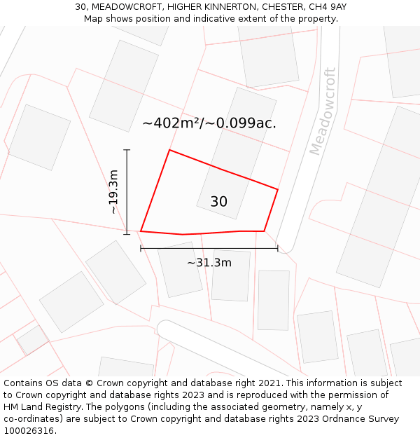 30, MEADOWCROFT, HIGHER KINNERTON, CHESTER, CH4 9AY: Plot and title map