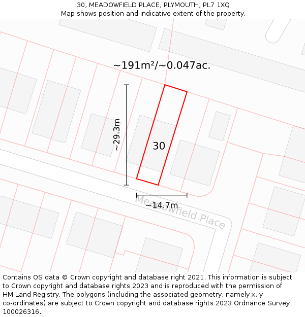 30, MEADOWFIELD PLACE, PLYMOUTH, PL7 1XQ: Plot and title map
