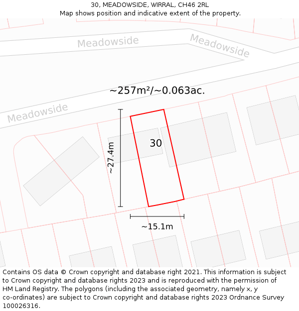 30, MEADOWSIDE, WIRRAL, CH46 2RL: Plot and title map