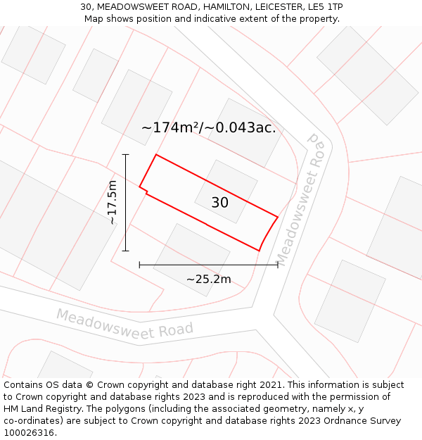 30, MEADOWSWEET ROAD, HAMILTON, LEICESTER, LE5 1TP: Plot and title map