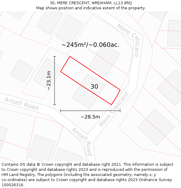 30, MERE CRESCENT, WREXHAM, LL13 9RQ: Plot and title map